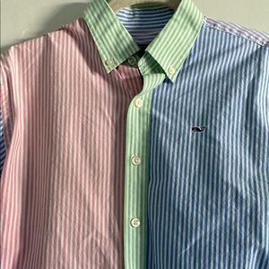 Vineyard Vines Button a down Pink, Green, and Blue Striped button down Oxford